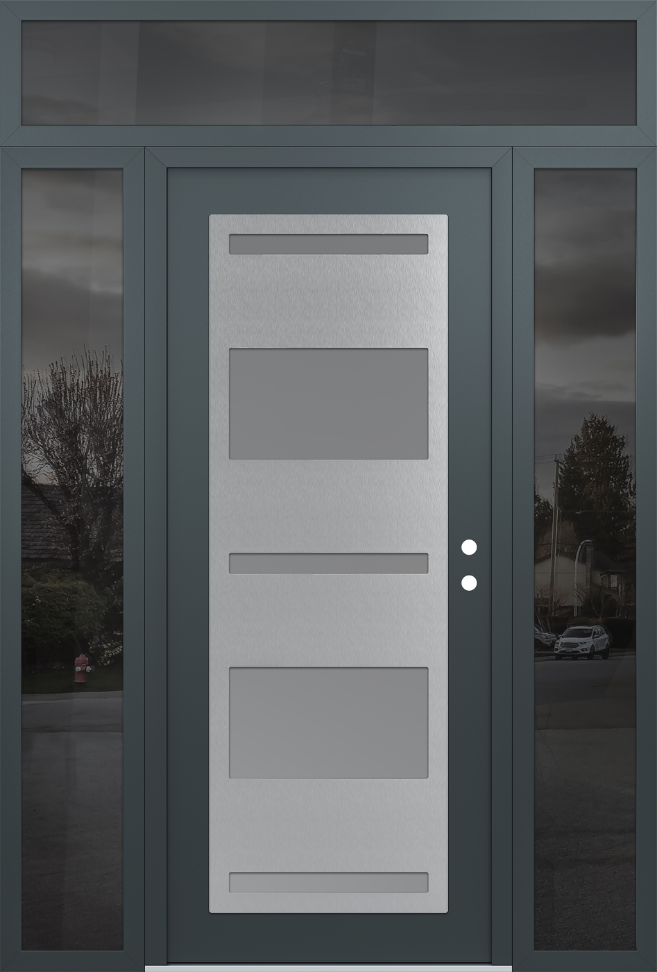 Modern Steel Front Door Diamond C10 68" x 96" anthracite/anthracite frosted Glass Panel stainless steel LHI with 2 Sidelites and Transom mirrored Glass