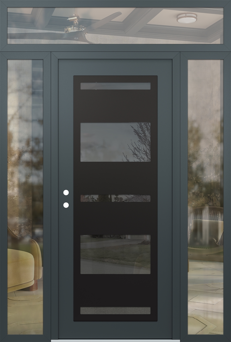 Modern Steel Front Door Diamond C10 68" x 96" anthracite/anthracite mirrored Glass Panel black RHI with 2 Sidelites and Transom clear Glass