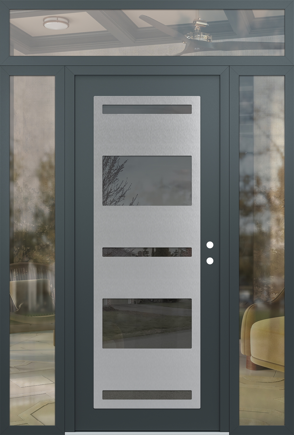 Modern Steel Front Door Diamond C10 68" x 96" anthracite/anthracite mirrored Glass Panel stainless steel LHI with 2 Sidelites and Transom clear Glass