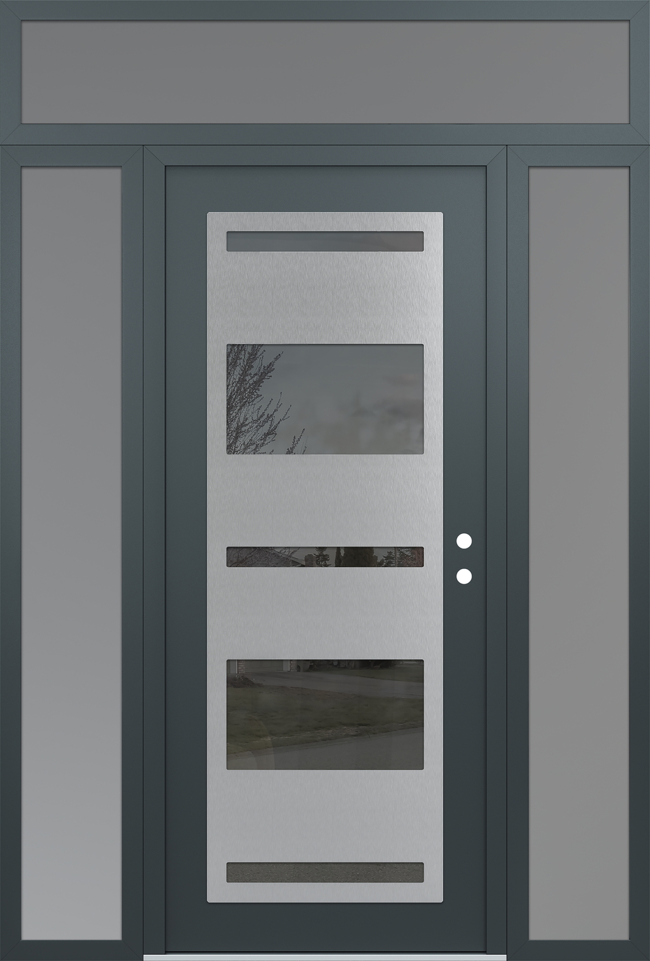 Modern Steel Front Door Diamond C10 68" x 96" anthracite/anthracite mirrored Glass Panel stainless steel LHI with 2 Sidelites and Transom frosted Glass