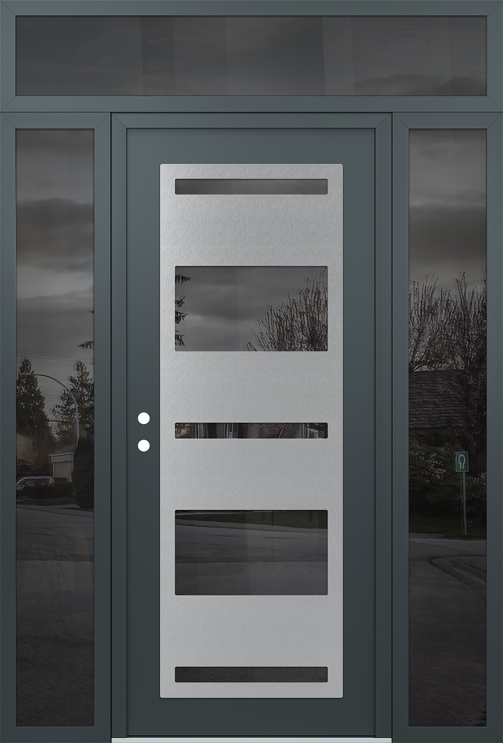 Modern Steel Front Door Diamond C10 68" x 96" anthracite/anthracite mirrored Glass Panel stainless steel RHI with 2 Sidelites and Transom mirrored Glass