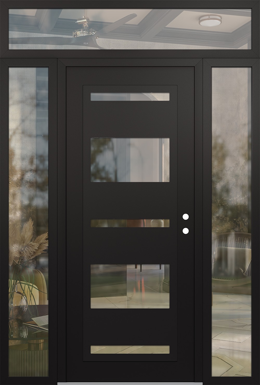 Modern Steel Front Door Diamond C10 68" x 96" black/black clear Glass Panel black LHI with 2 Sidelites and Transom clear Glass