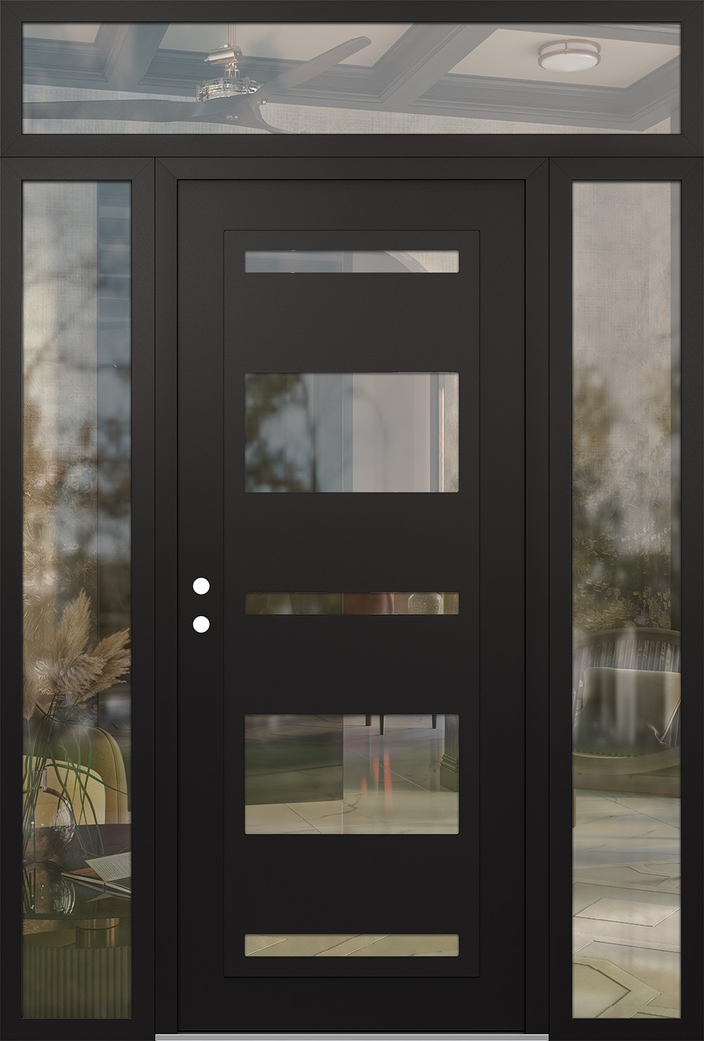 Modern Steel Front Door Diamond C10 68" x 96" black/black clear Glass Panel black RHI with 2 Sidelites and Transom clear Glass