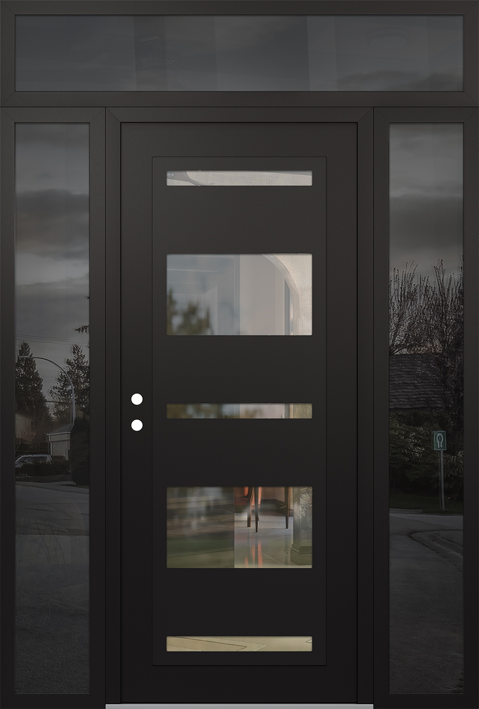 Modern Steel Front Door Diamond C10 68" x 96" black/black clear Glass Panel black RHI with 2 Sidelites and Transom mirrored Glass