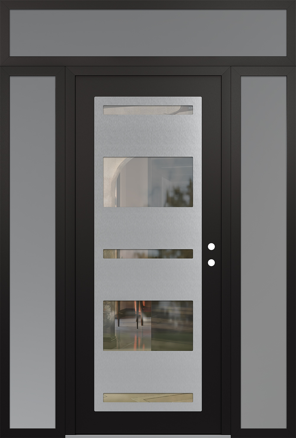 Modern Steel Front Door Diamond C10 68" x 96" black/black clear Glass Panel stainless steel LHI with 2 Sidelites and Transom frosted Glass