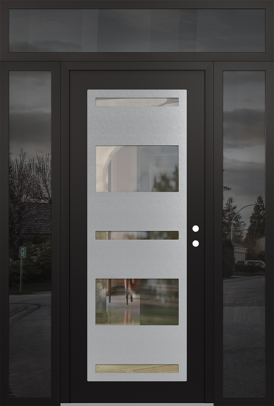 Modern Steel Front Door Diamond C10 68" x 96" black/black clear Glass Panel stainless steel LHI with 2 Sidelites and Transom mirrored Glass