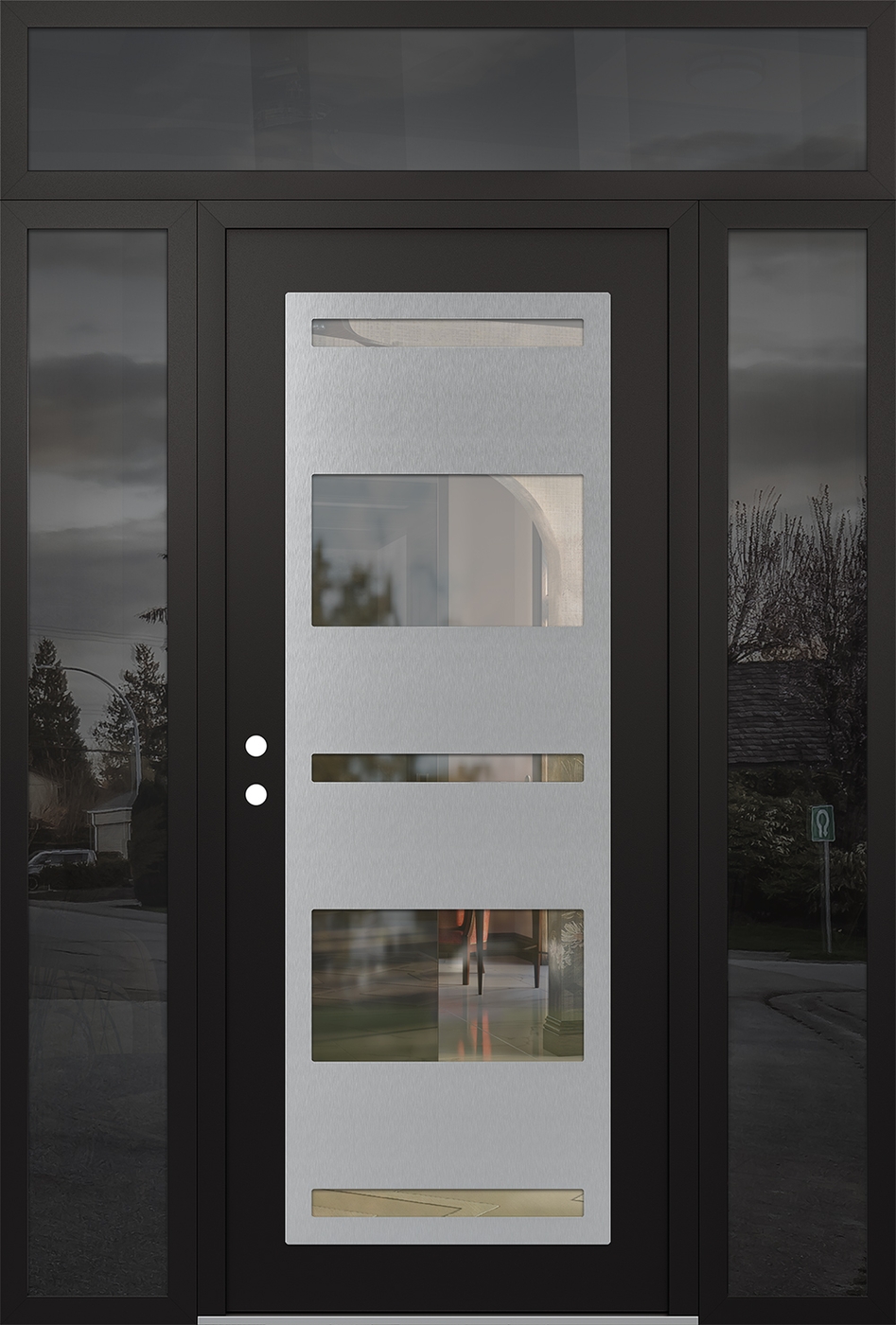 Modern Steel Front Door Diamond C10 68" x 96" black/black clear Glass Panel stainless steel RHI with 2 Sidelites and Transom mirrored Glass