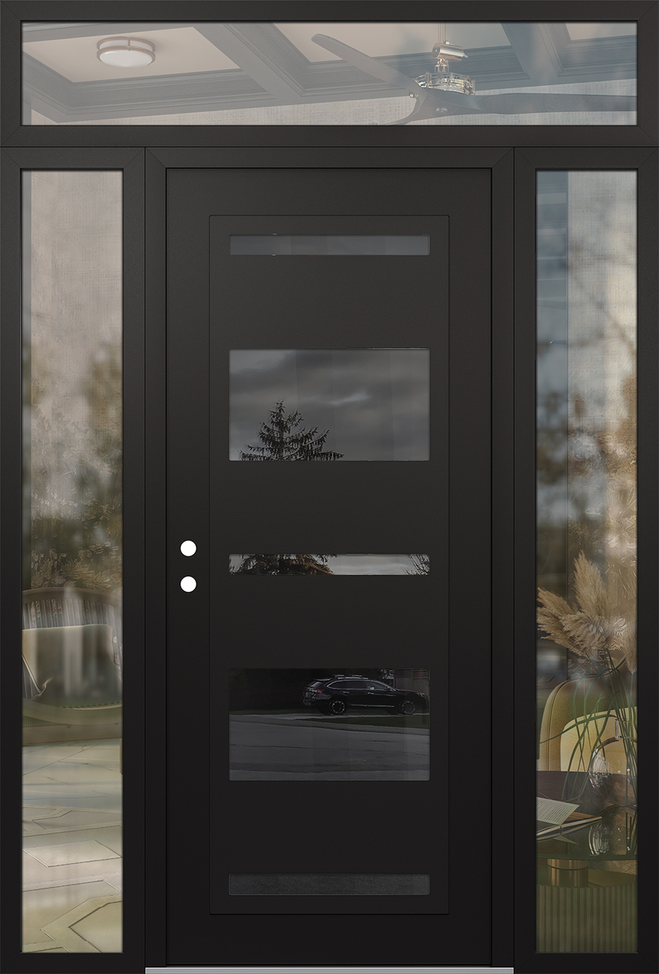 Modern Steel Front Door Diamond C10 68" x 96" black/black mirrored Glass Panel black RHI with 2 Sidelites and Transom clear Glass