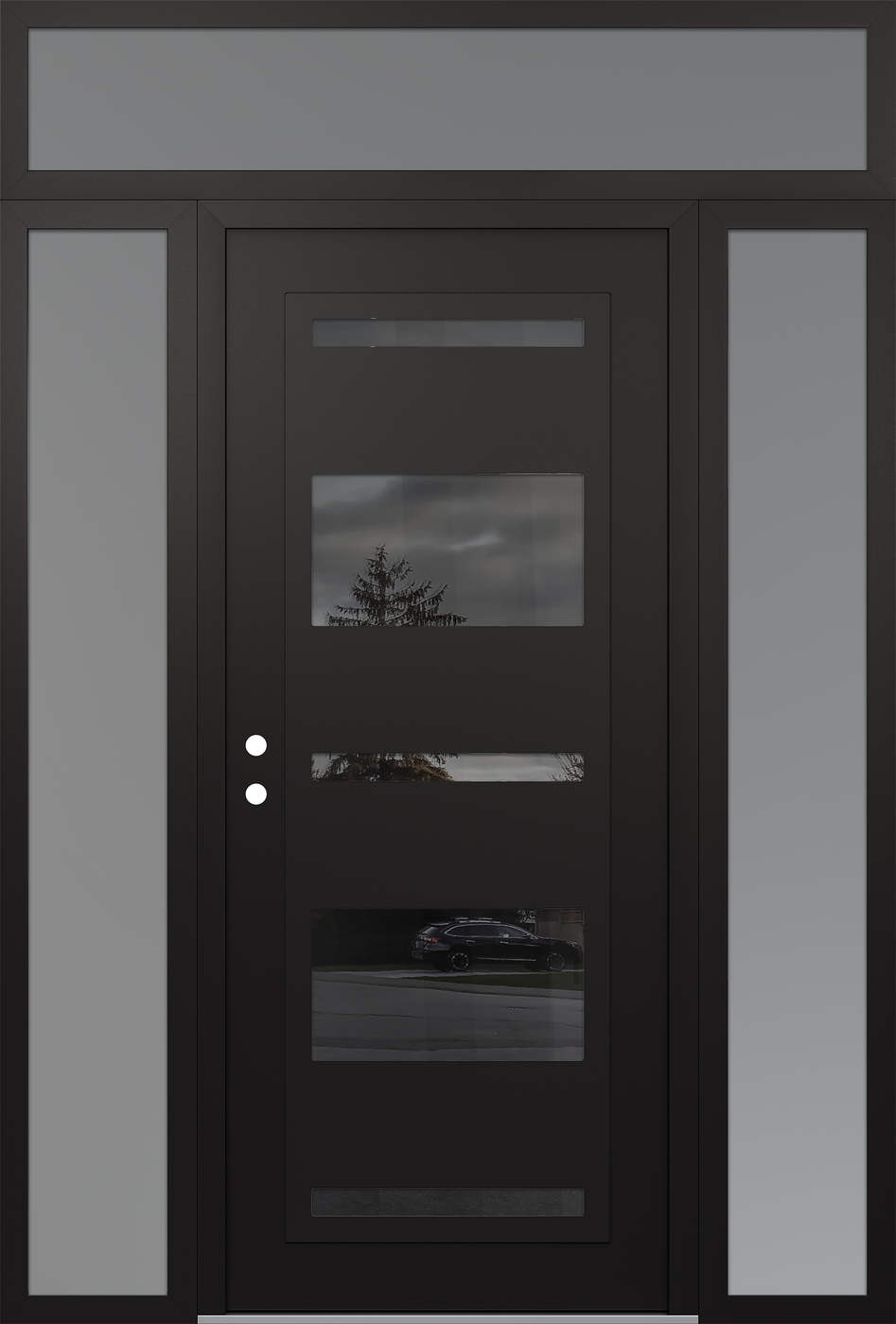Modern Steel Front Door Diamond C10 68" x 96" black/black mirrored Glass Panel black RHI with 2 Sidelites and Transom frosted Glass