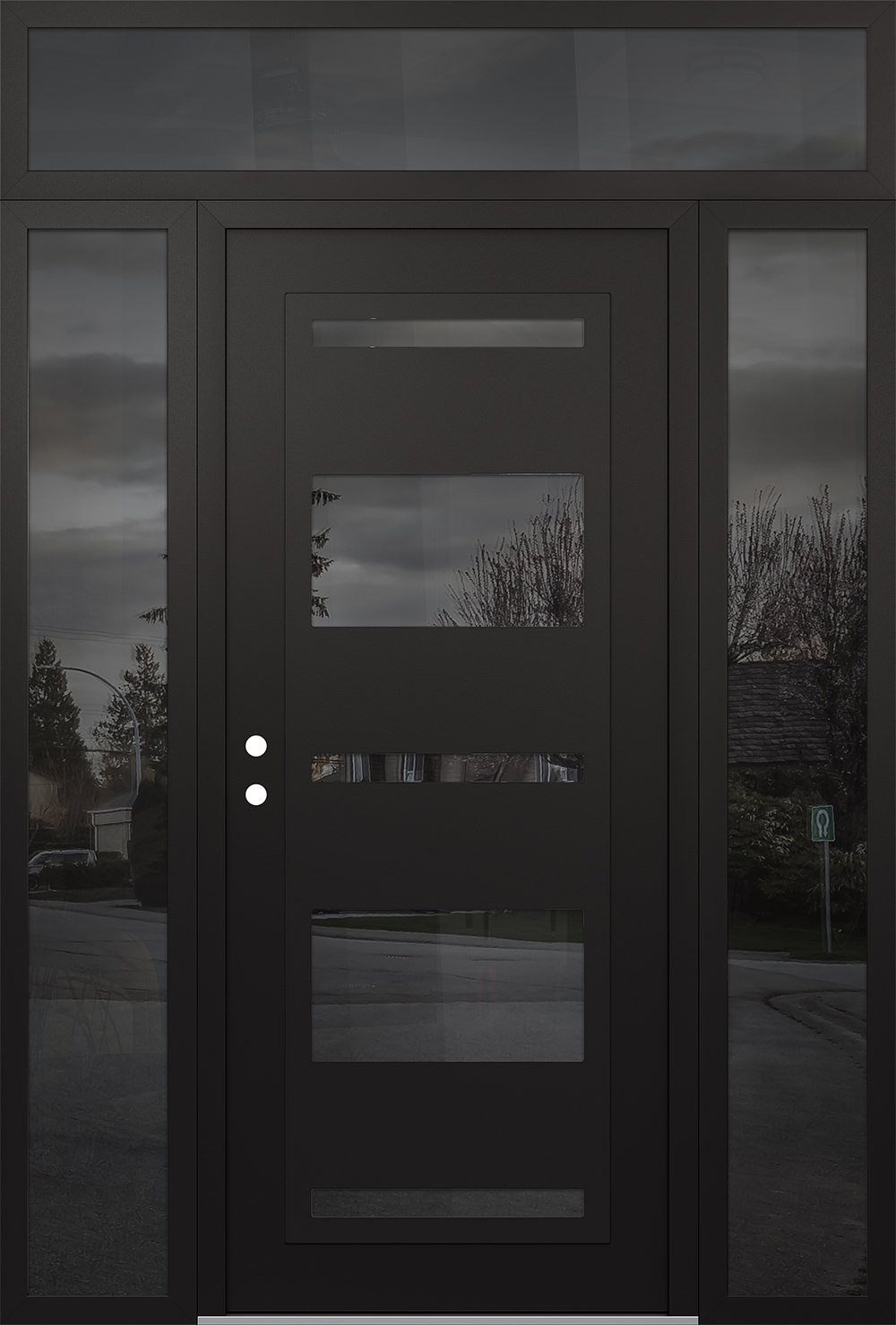 Modern Steel Front Door Diamond C10 68" x 96" black/black mirrored Glass Panel black RHI with 2 Sidelites and Transom mirrored Glass