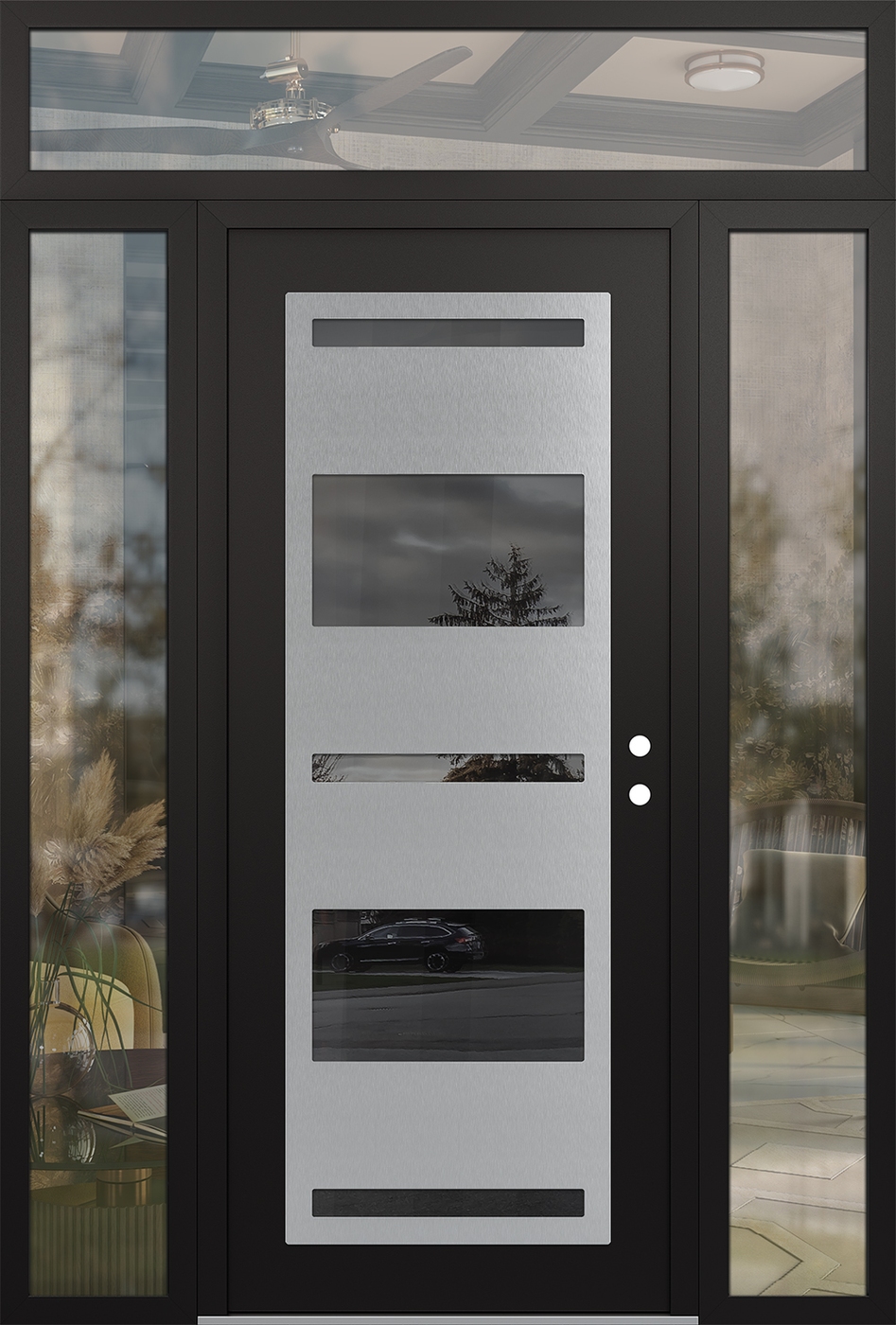 Modern Steel Front Door Diamond C10 68" x 96" black/black mirrored Glass Panel stainless steel LHI with 2 Sidelites and Transom clear Glass