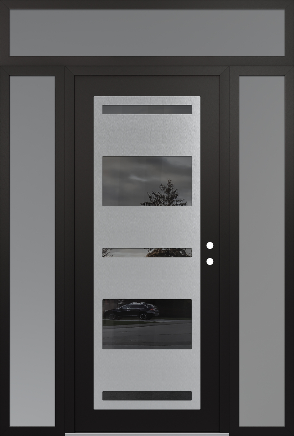 Modern Steel Front Door Diamond C10 68" x 96" black/black mirrored Glass Panel stainless steel LHI with 2 Sidelites and Transom frosted Glass