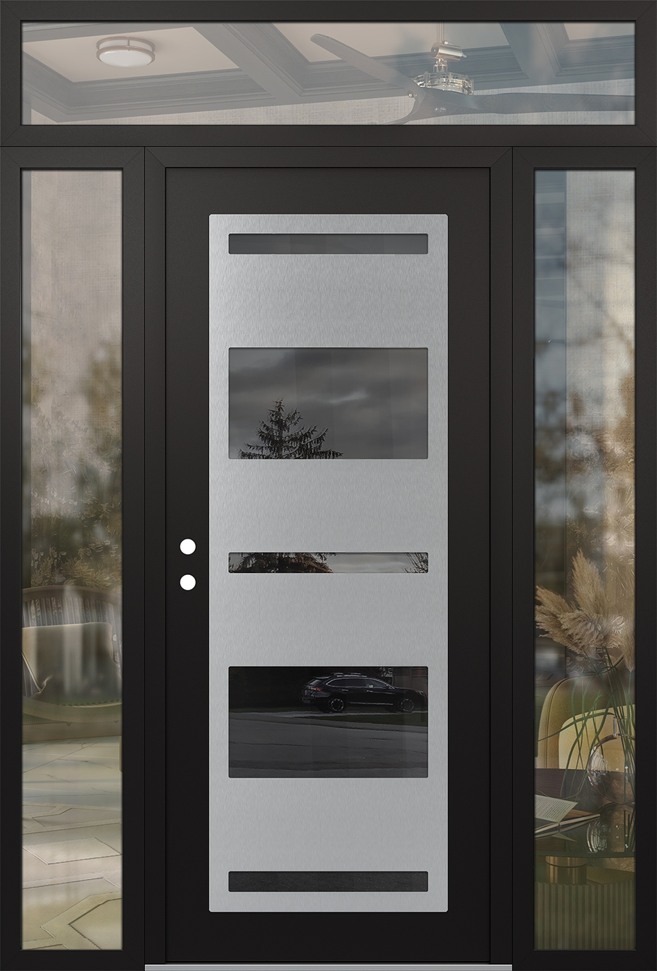 Modern Steel Front Door Diamond C10 68" x 96" black/black mirrored Glass Panel stainless steel RHI with 2 Sidelites and Transom clear Glass