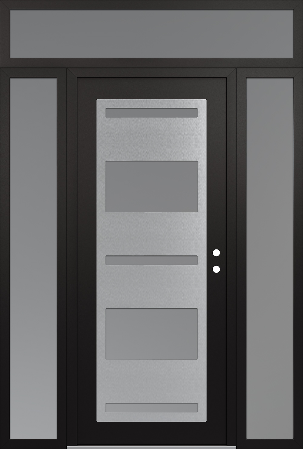 Modern Steel Front Door Diamond C10 68" x 96" black/white frosted Glass Panel stainless steel LHI with 2 Sidelites and Transom frosted Glass