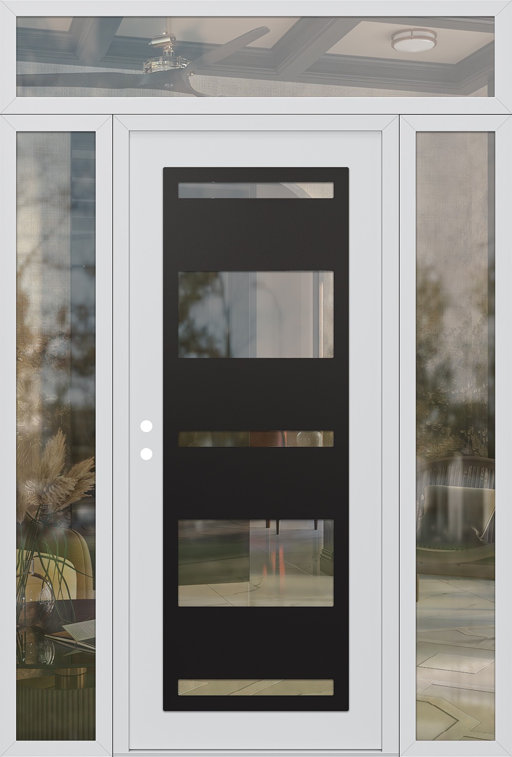 Modern Steel Front Door Diamond C10 68" x 96" white/white clear Glass Panel black RHI with 2 Sidelites and Transom clear Glass