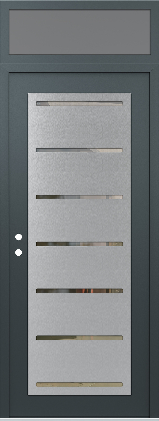 Modern Steel Front Door DIAMOND C11 36" X 96" ANTHRACITE/ANTHRACITE CLEAR GLASS PANEL STAINLESS STEEL RHI WITH TRANSOM FROSTED GLASS