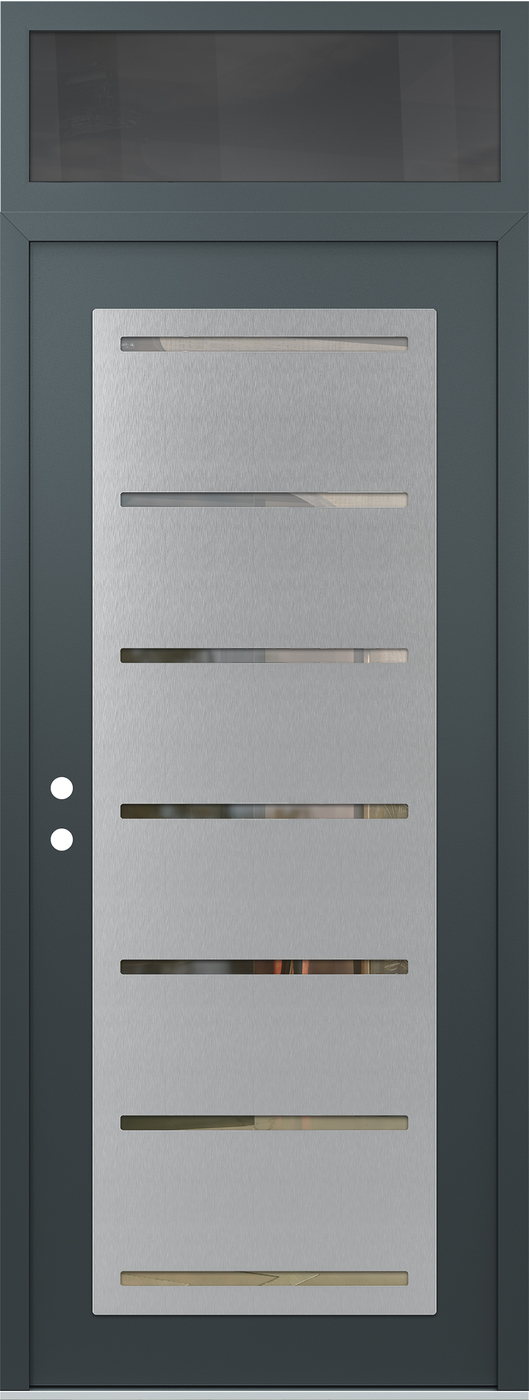 Modern Steel Front Door DIAMOND C11 36" X 96" ANTHRACITE/ANTHRACITE CLEAR GLASS PANEL STAINLESS STEEL RHI WITH TRANSOM MIRRORED GLASS
