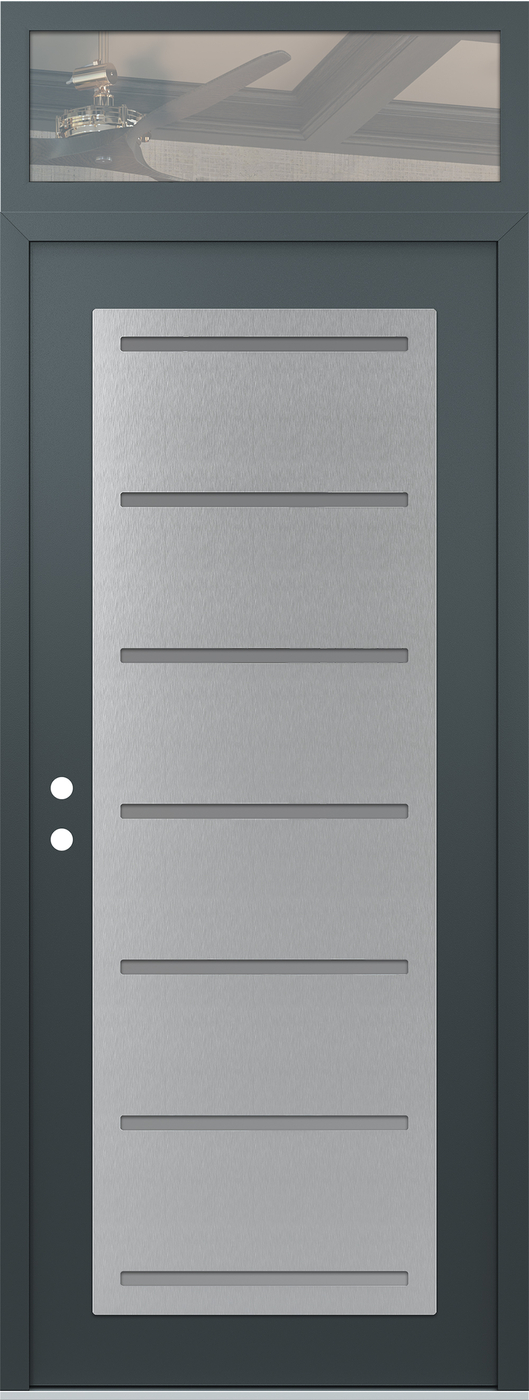 Modern Steel Front Door DIAMOND C11 36" X 96" ANTHRACITE/ANTHRACITE FROSTED GLASS PANEL STAINLESS STEEL RHI WITH TRANSOM CLEAR GLASS