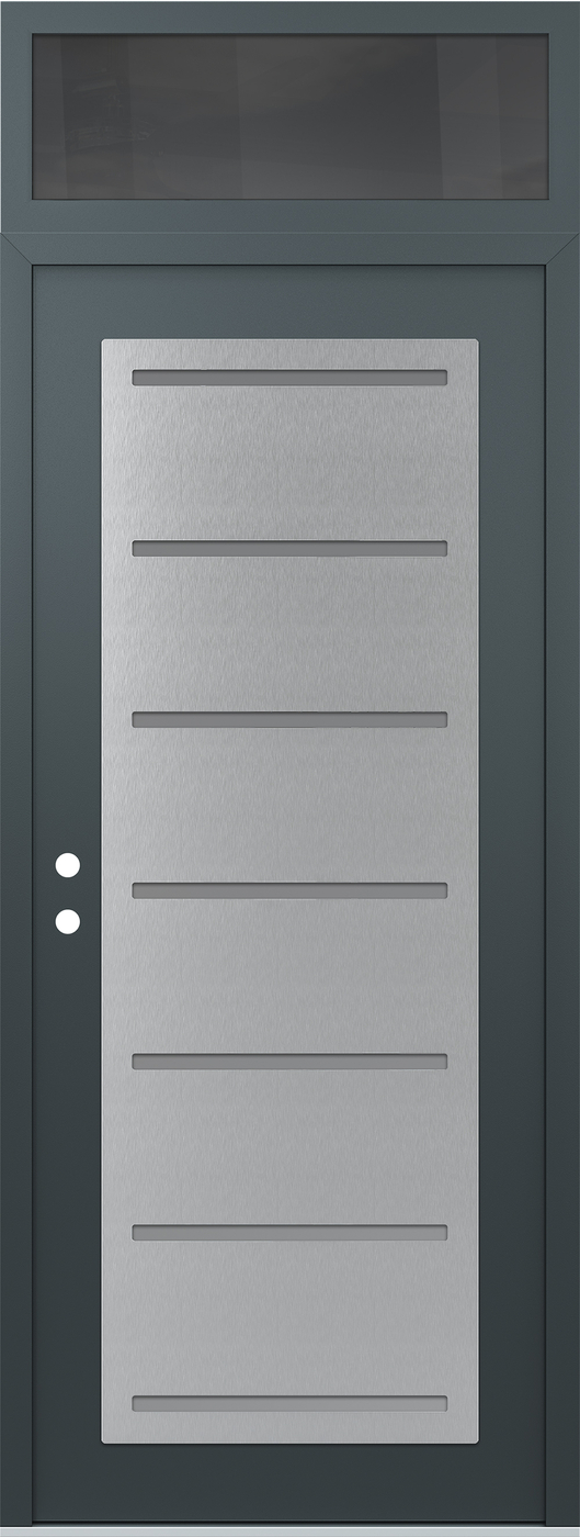 Modern Steel Front Door DIAMOND C11 36" X 96" ANTHRACITE/ANTHRACITE FROSTED GLASS PANEL STAINLESS STEEL RHI WITH TRANSOM MIRRORED GLASS