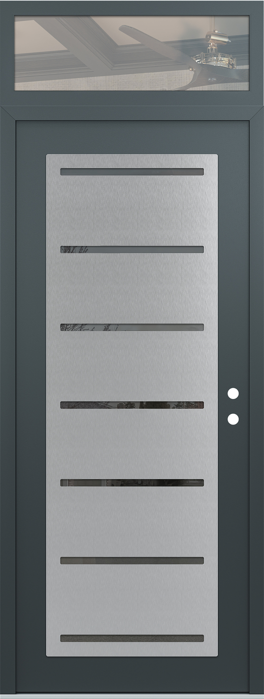 Modern Steel Front Door DIAMOND C11 36" X 96" ANTHRACITE/ANTHRACITE MIRRORED GLASS PANEL STAINLESS STEEL LHI WITH TRANSOM CLEAR GLASS