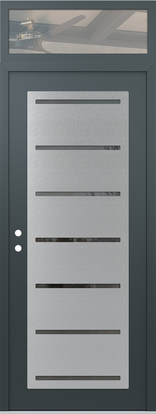 Modern Steel Front Door DIAMOND C11 36" X 96" ANTHRACITE/ANTHRACITE MIRRORED GLASS PANEL STAINLESS STEEL RHI WITH TRANSOM CLEAR GLASS