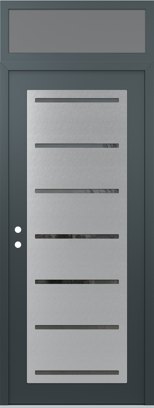 Modern Steel Front Door DIAMOND C11 36" X 96" ANTHRACITE/ANTHRACITE MIRRORED GLASS PANEL STAINLESS STEEL RHI WITH TRANSOM FROSTED GLASS