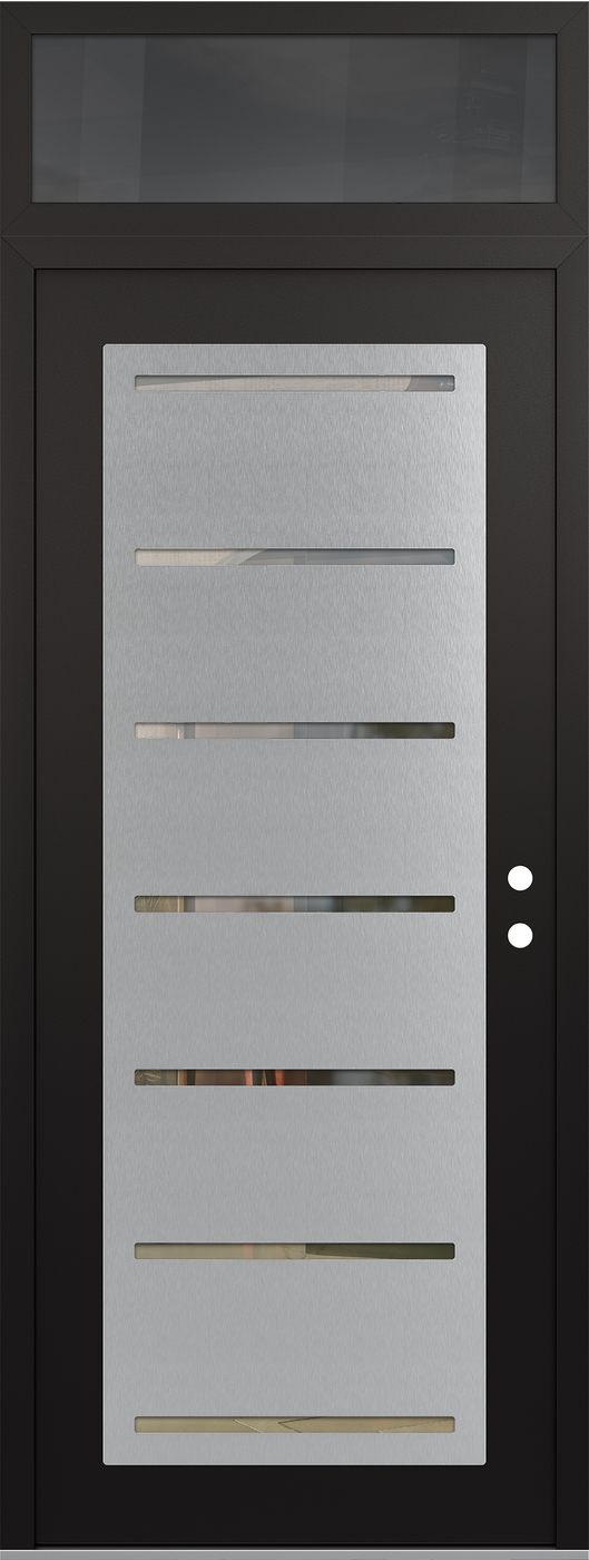 Modern Steel Front Door DIAMOND C11 36" X 96" BLACK/BLACK CLEAR GLASS PANEL STAINLESS STEEL LHI WITH TRANSOM MIRRORED GLASS