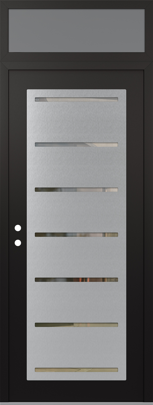 Modern Steel Front Door DIAMOND C11 36" X 96" BLACK/BLACK CLEAR GLASS PANEL STAINLESS STEEL RHI WITH TRANSOM FROSTED GLASS