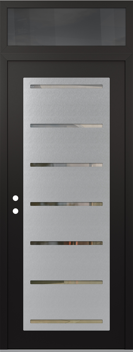 Modern Steel Front Door DIAMOND C11 36" X 96" BLACK/BLACK CLEAR GLASS PANEL STAINLESS STEEL RHI WITH TRANSOM MIRRORED GLASS