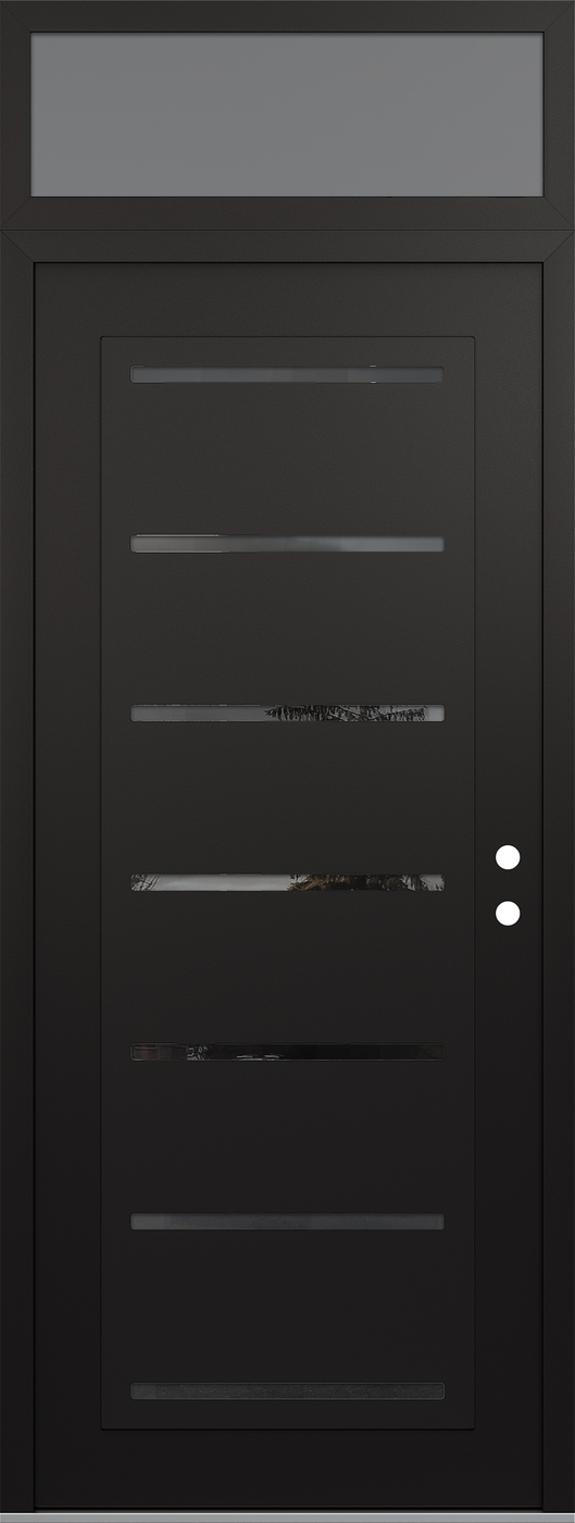 Modern Steel Front Door DIAMOND C11 36" X 96" BLACK/BLACK MIRRORED GLASS PANEL BLACK LHI WITH TRANSOM FROSTED GLASS