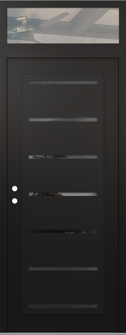 Modern Steel Front Door DIAMOND C11 36" X 96" BLACK/BLACK MIRRORED GLASS PANEL BLACK RHI WITH TRANSOM CLEAR GLASS