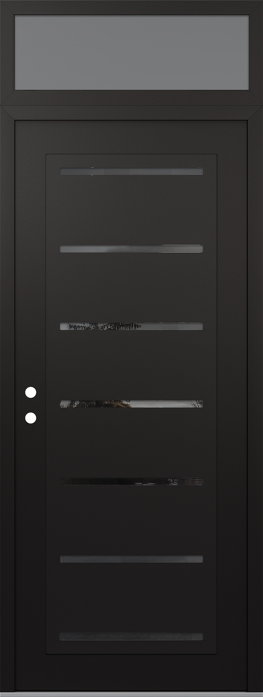 Modern Steel Front Door DIAMOND C11 36" X 96" BLACK/BLACK MIRRORED GLASS PANEL BLACK RHI WITH TRANSOM FROSTED GLASS
