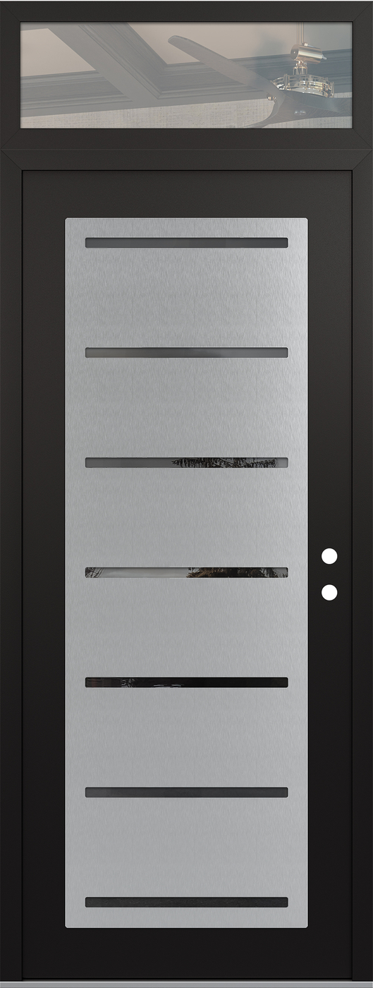 Modern Steel Front Door DIAMOND C11 36" X 96" BLACK/BLACK MIRRORED GLASS PANEL STAINLESS STEEL LHI WITH TRANSOM CLEAR GLASS