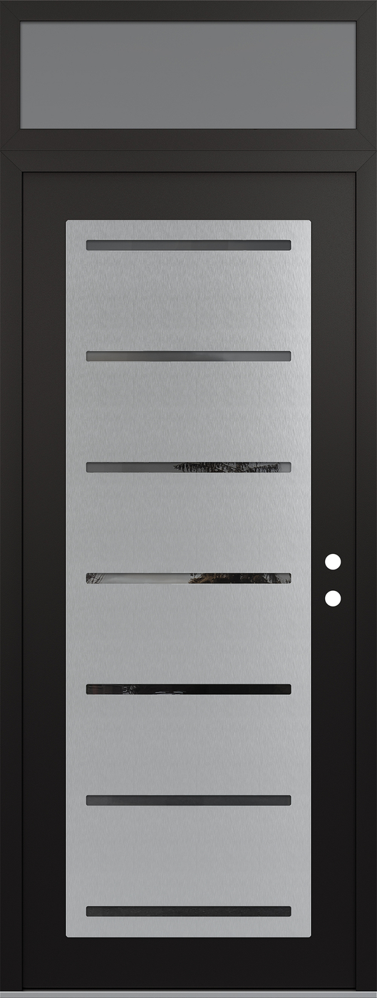 Modern Steel Front Door DIAMOND C11 36" X 96" BLACK/BLACK MIRRORED GLASS PANEL STAINLESS STEEL LHI WITH TRANSOM FROSTED GLASS