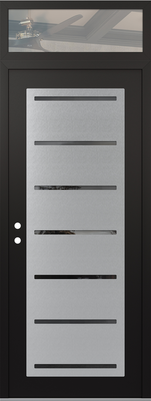 Modern Steel Front Door DIAMOND C11 36" X 96" BLACK/BLACK MIRRORED GLASS PANEL STAINLESS STEEL RHI WITH TRANSOM CLEAR GLASS