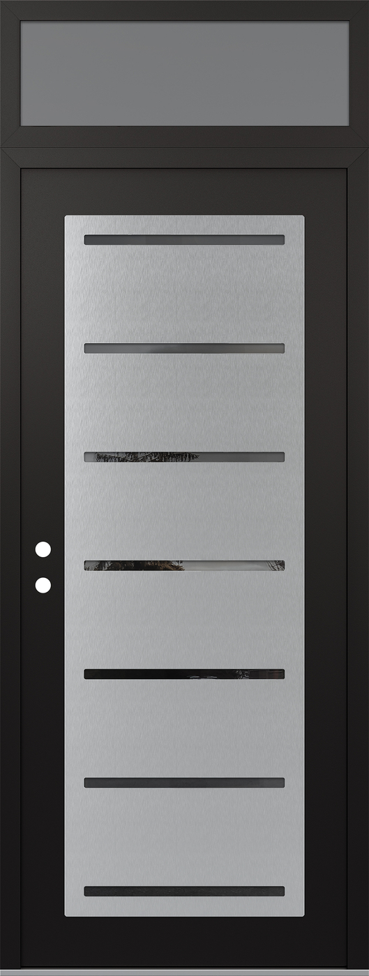 Modern Steel Front Door DIAMOND C11 36" X 96" BLACK/BLACK MIRRORED GLASS PANEL STAINLESS STEEL RHI WITH TRANSOM FROSTED GLASS