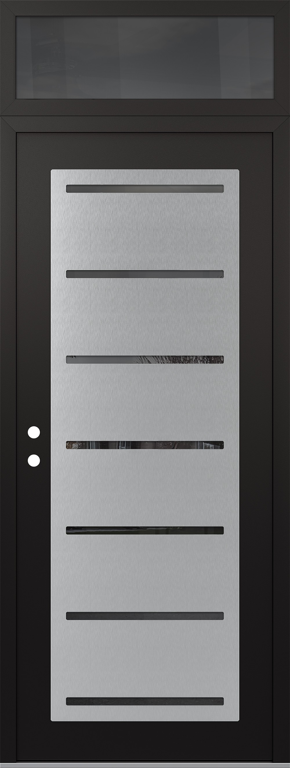 Modern Steel Front Door DIAMOND C11 36" X 96" BLACK/BLACK MIRRORED GLASS PANEL STAINLESS STEEL RHI WITH TRANSOM MIRRORED GLASS