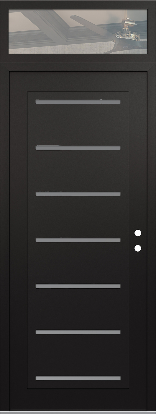 Modern Steel Front Door DIAMOND C11 36" X 96" BLACK/WHITE FROSTED GLASS PANEL BLACK LHI WITH TRANSOM CLEAR GLASS