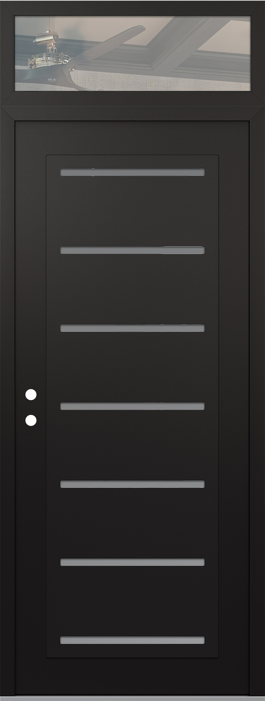 Modern Steel Front Door DIAMOND C11 36" X 96" BLACK/WHITE FROSTED GLASS PANEL BLACK RHI WITH TRANSOM CLEAR GLASS