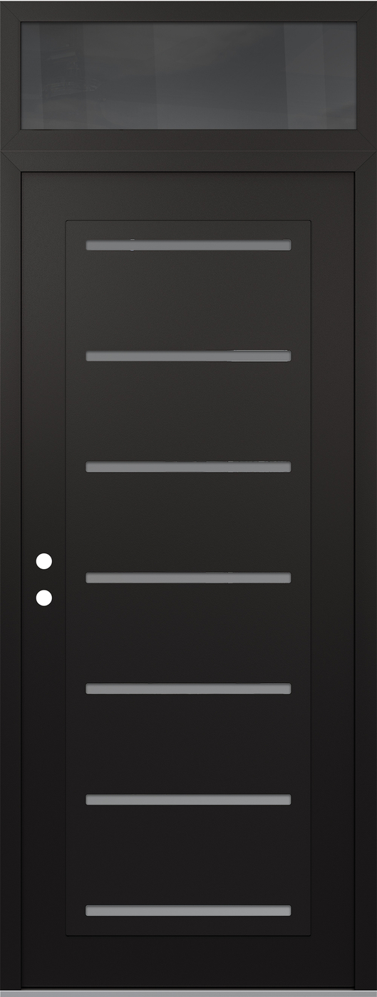 Modern Steel Front Door DIAMOND C11 36" X 96" BLACK/WHITE FROSTED GLASS PANEL BLACK RHI WITH TRANSOM MIRRORED GLASS