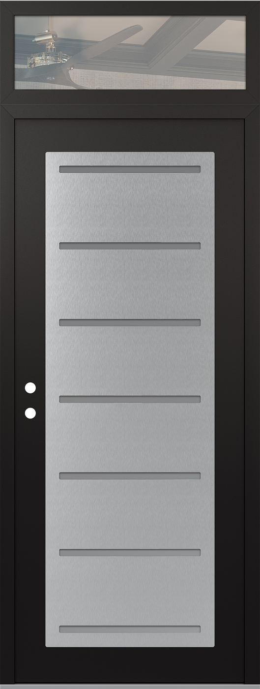 Modern Steel Front Door DIAMOND C11 36" X 96" BLACK/WHITE FROSTED GLASS PANEL STAINLESS STEEL RHI WITH TRANSOM CLEAR GLASS