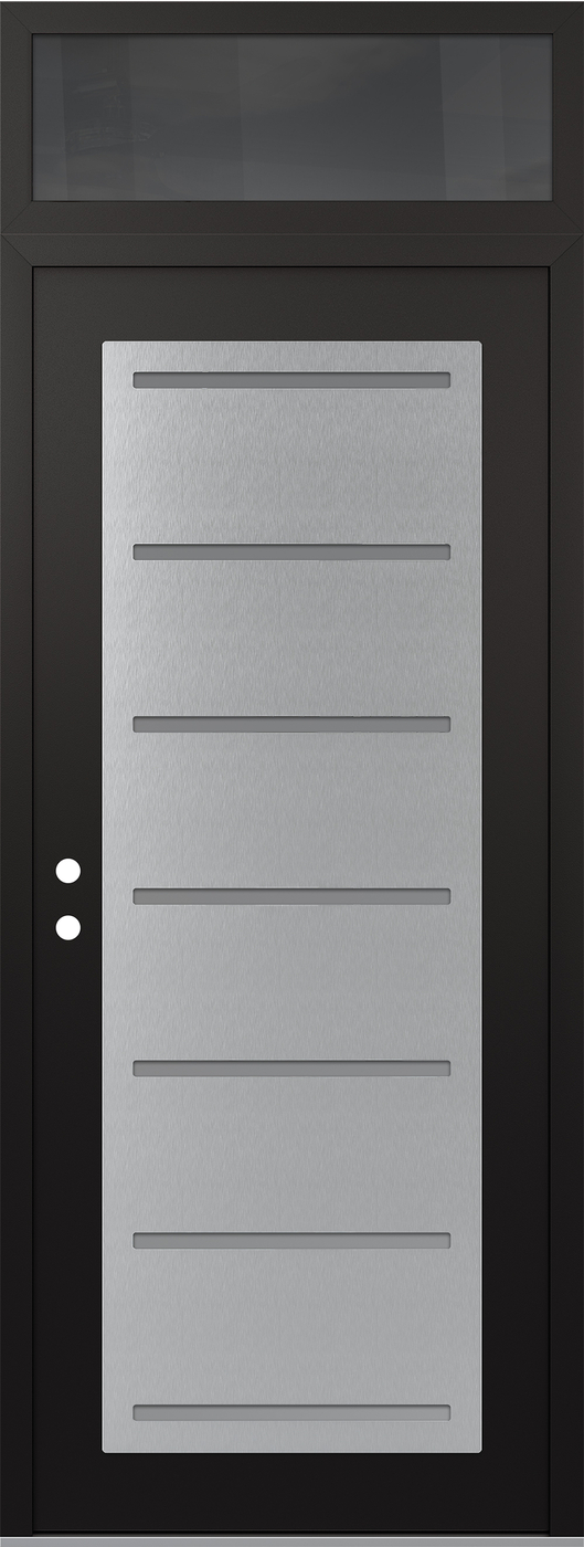 Modern Steel Front Door DIAMOND C11 36" X 96" BLACK/WHITE FROSTED GLASS PANEL STAINLESS STEEL RHI WITH TRANSOM MIRRORED GLASS