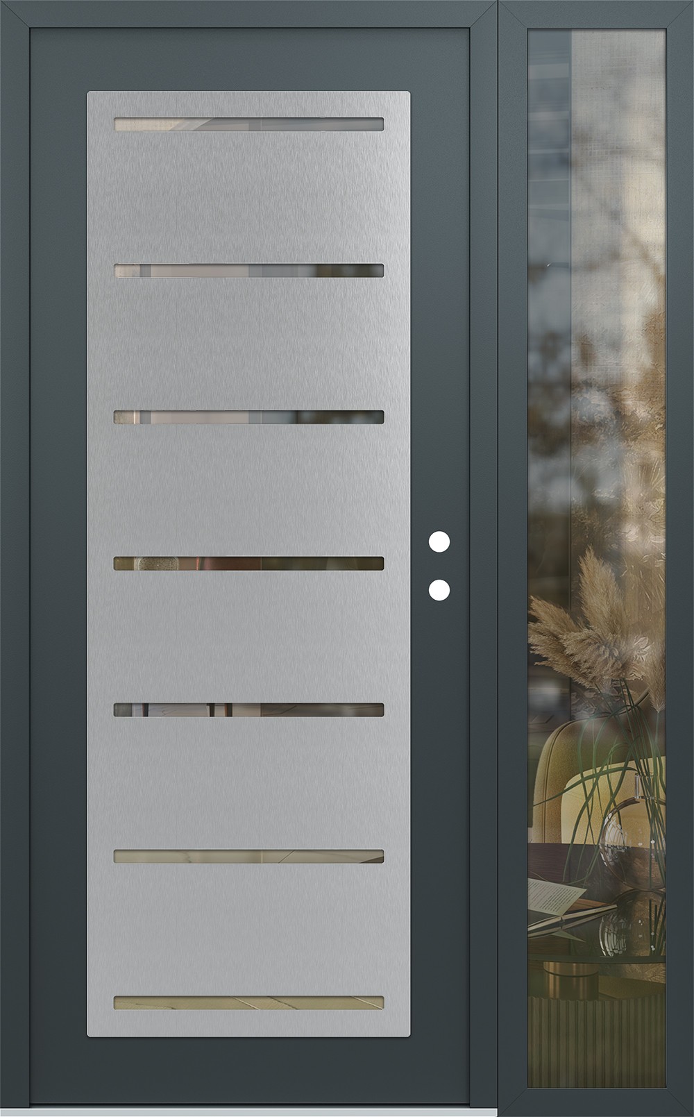 Modern Steel Front Door Diamond C11 48" x 80" anthracite/anthracite clear Glass Panel stainless steel LHI with Sidelite clear Glass