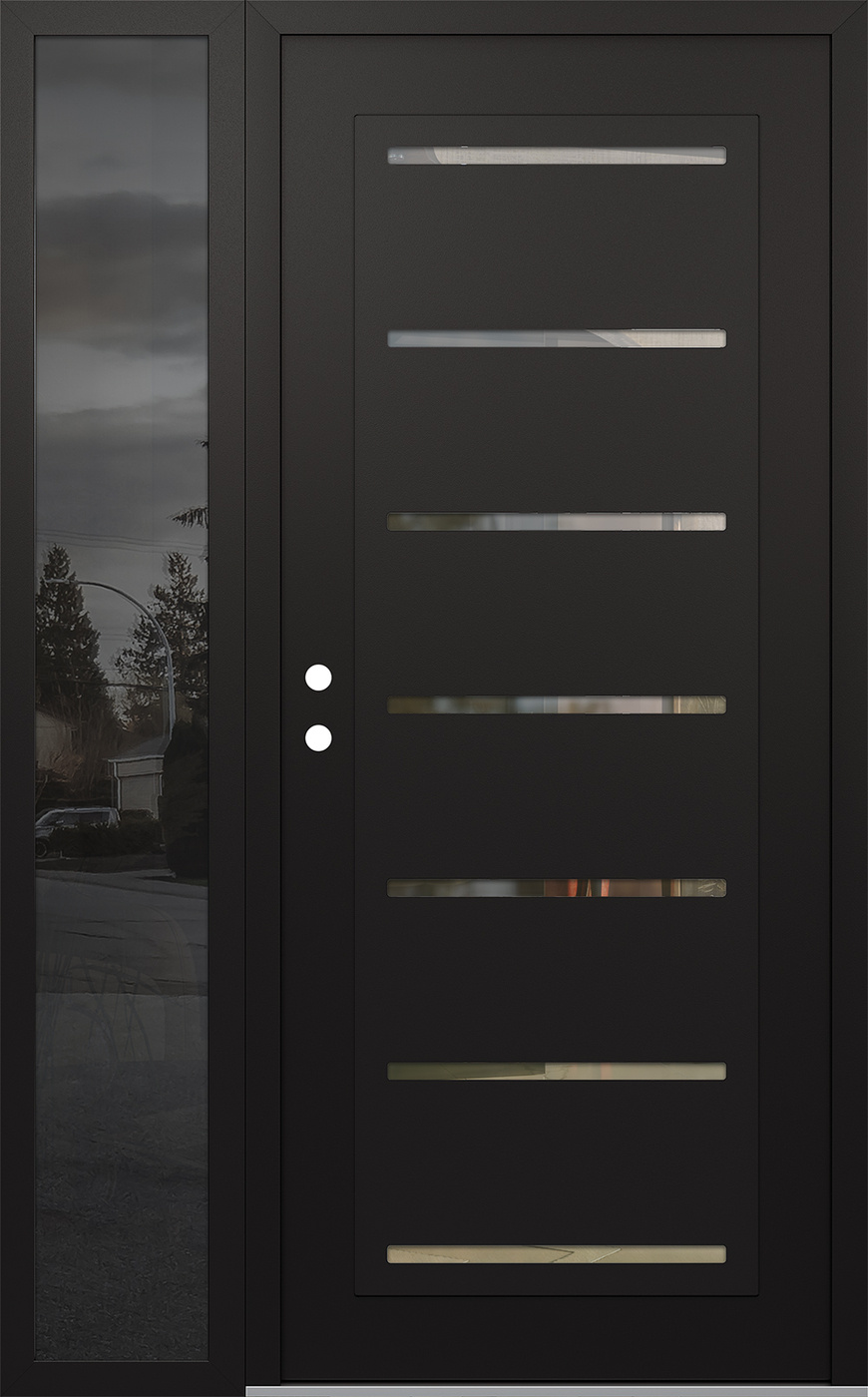 Modern Steel Front Door Diamond C11 48" x 80" black/black clear Glass Panel black RHI with Sidelite mirrored Glass