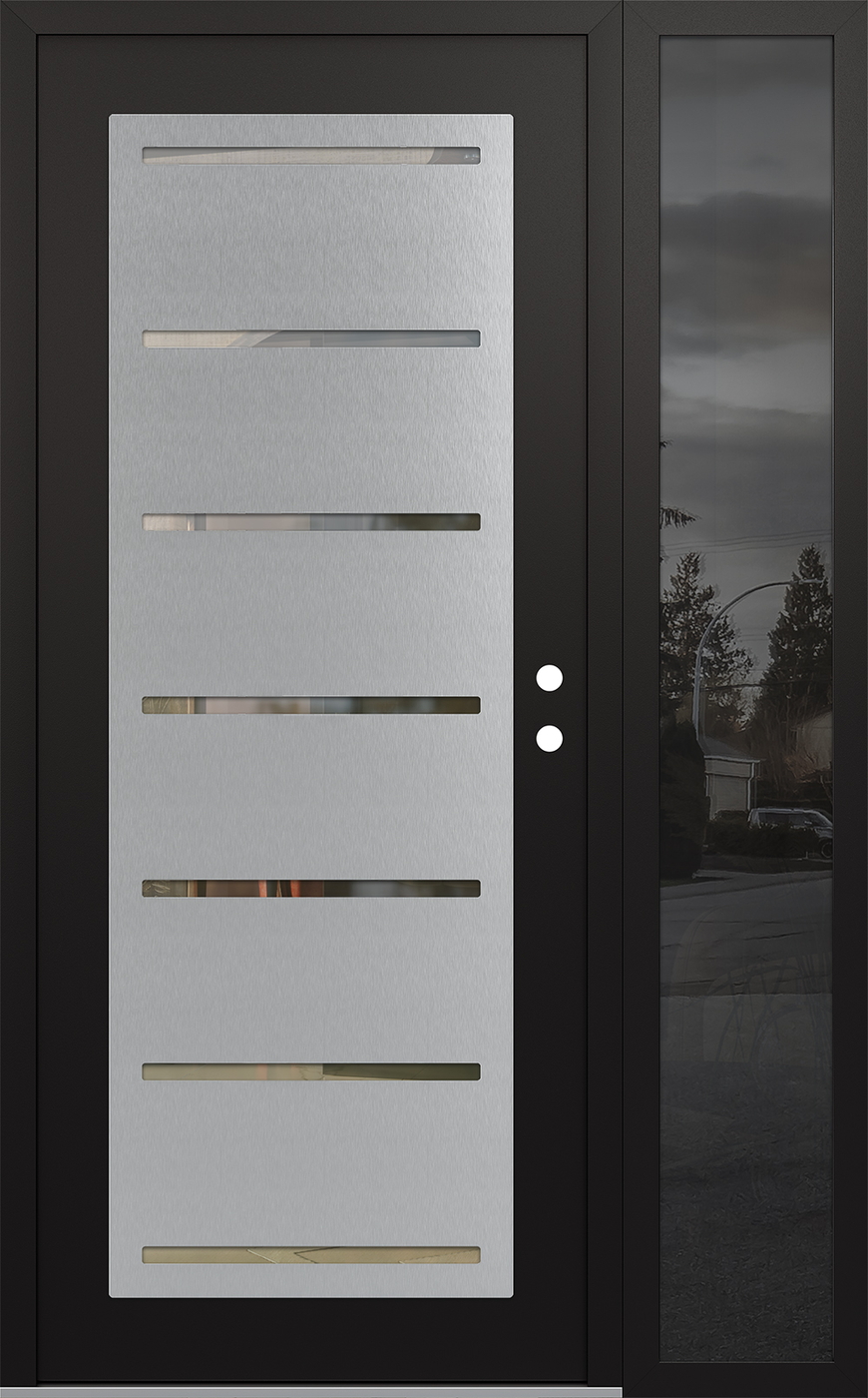 Modern Steel Front Door Diamond C11 48" x 80" black/black clear Glass Panel stainless steel LHI with Sidelite mirrored Glass