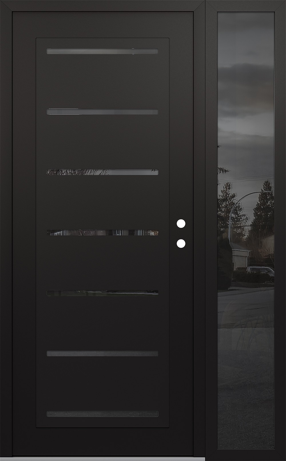 Modern Steel Front Door Diamond C11 48" x 80" black/black mirrored Glass Panel black LHI with Sidelite mirrored Glass