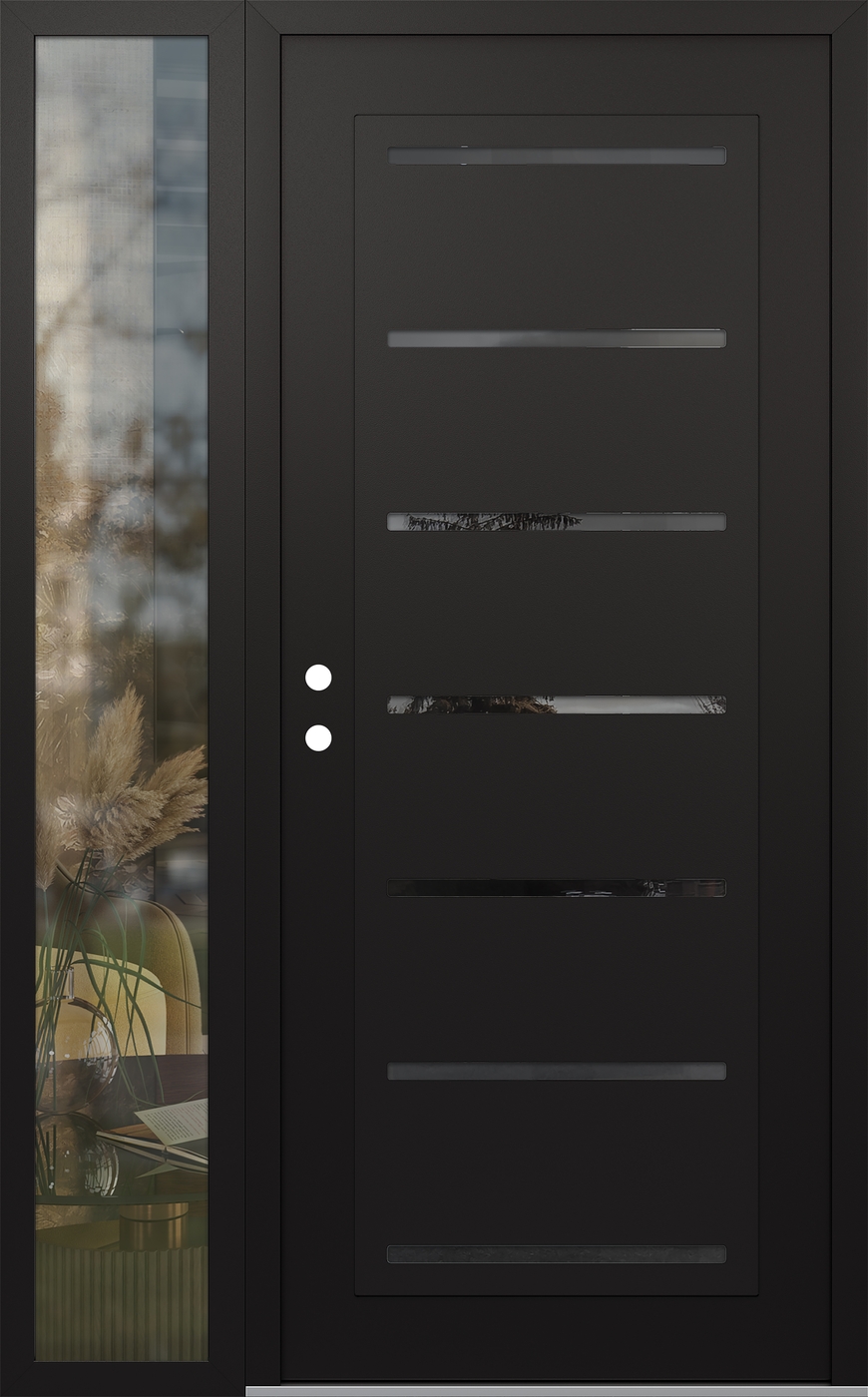Modern Steel Front Door Diamond C11 48" x 80" black/black mirrored Glass Panel black RHI with Sidelite clear Glass