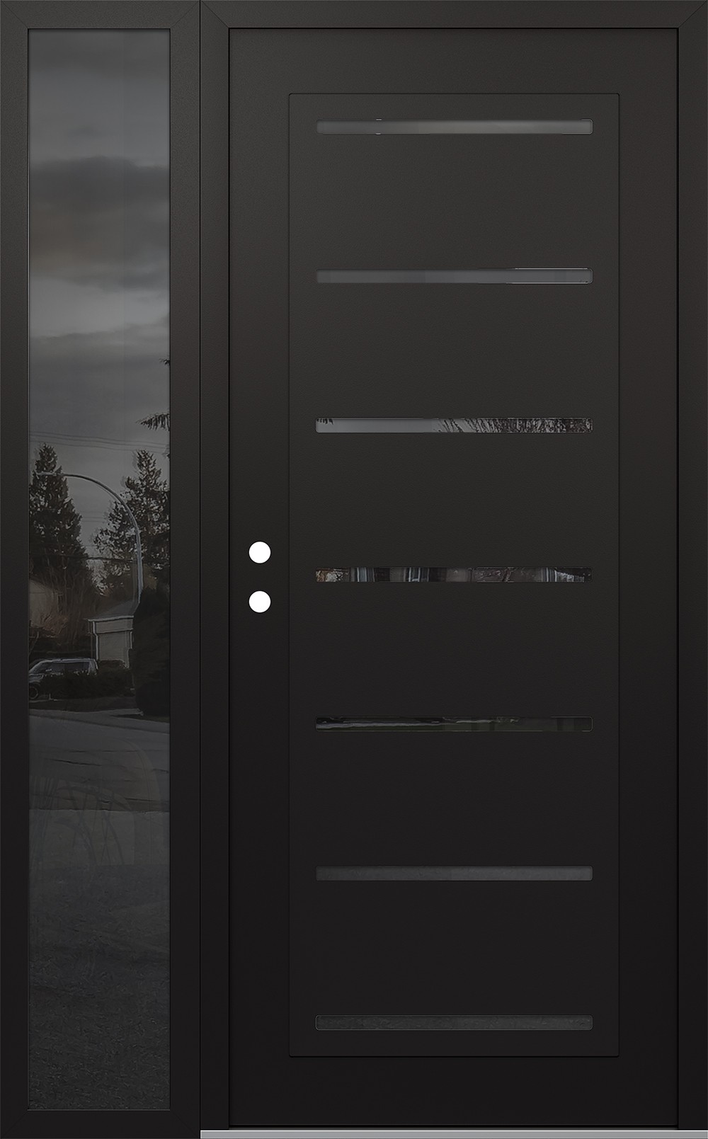 Modern Steel Front Door Diamond C11 48" x 80" black/black mirrored Glass Panel black RHI with Sidelite mirrored Glass