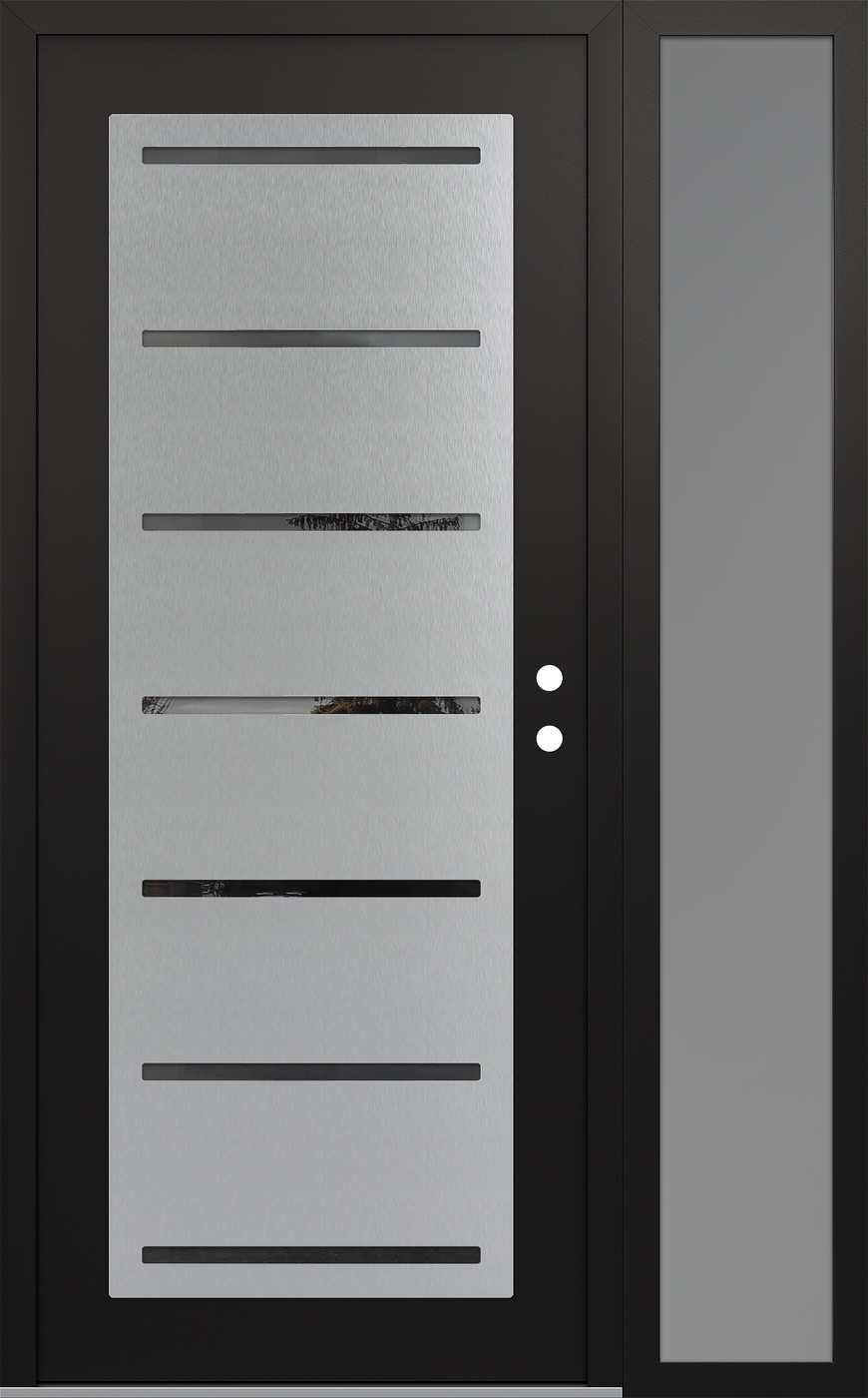 Modern Steel Front Door Diamond C11 48" x 80" black/black mirrored Glass Panel stainless steel LHI with Sidelite frosted Glass