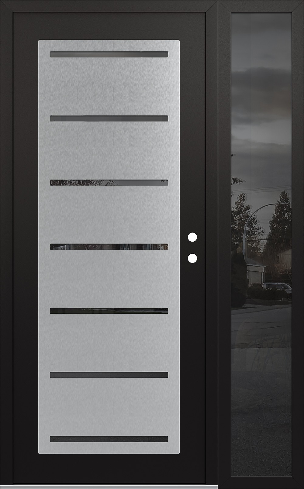 Modern Steel Front Door Diamond C11 48" x 80" black/black mirrored Glass Panel stainless steel LHI with Sidelite mirrored Glass